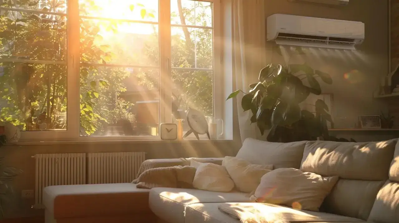 Climatisation pour 30m2 : un salon baign&eacute; de soleil avec canap&eacute; confortable et climatiseur mural en marche.