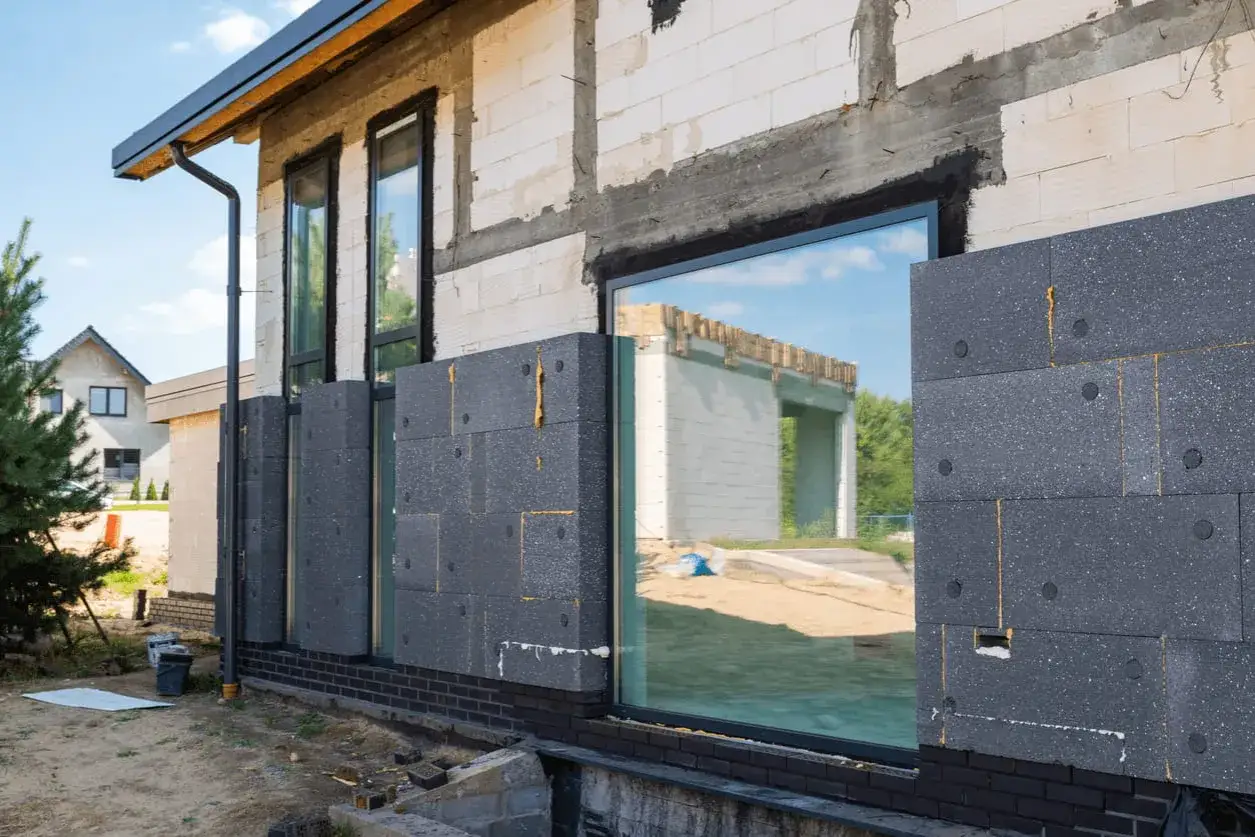 Panneaux de polystyrène gris fixés sur le mur d'une maison en construction, étape clé de l'isolation par l'extérieur.