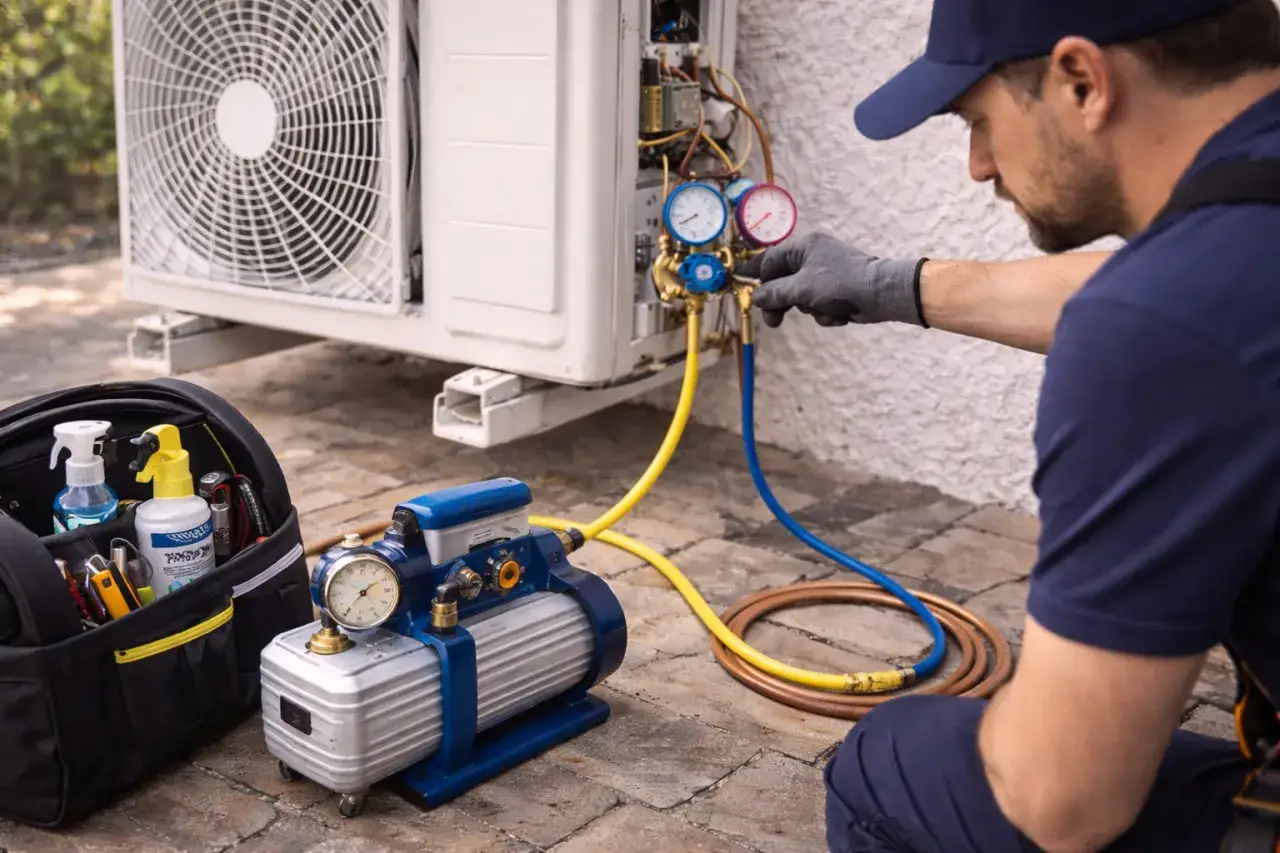 Technicien v&eacute;rifiant la pression d'une clim. Il utilise un manom&egrave;tre pour savoir comment purger une clim sans pompe &agrave; vide.