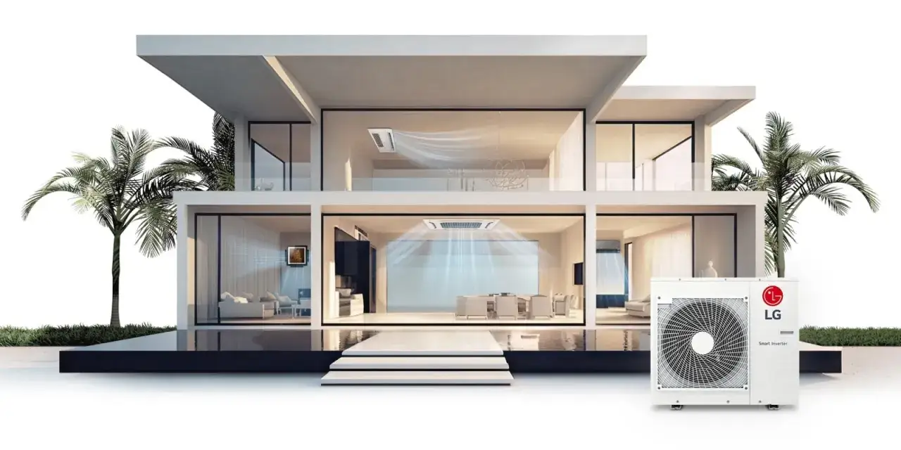 Maison moderne avec climatisation LG triple split, diffusant un air frais dans chaque pi&egrave;ce.