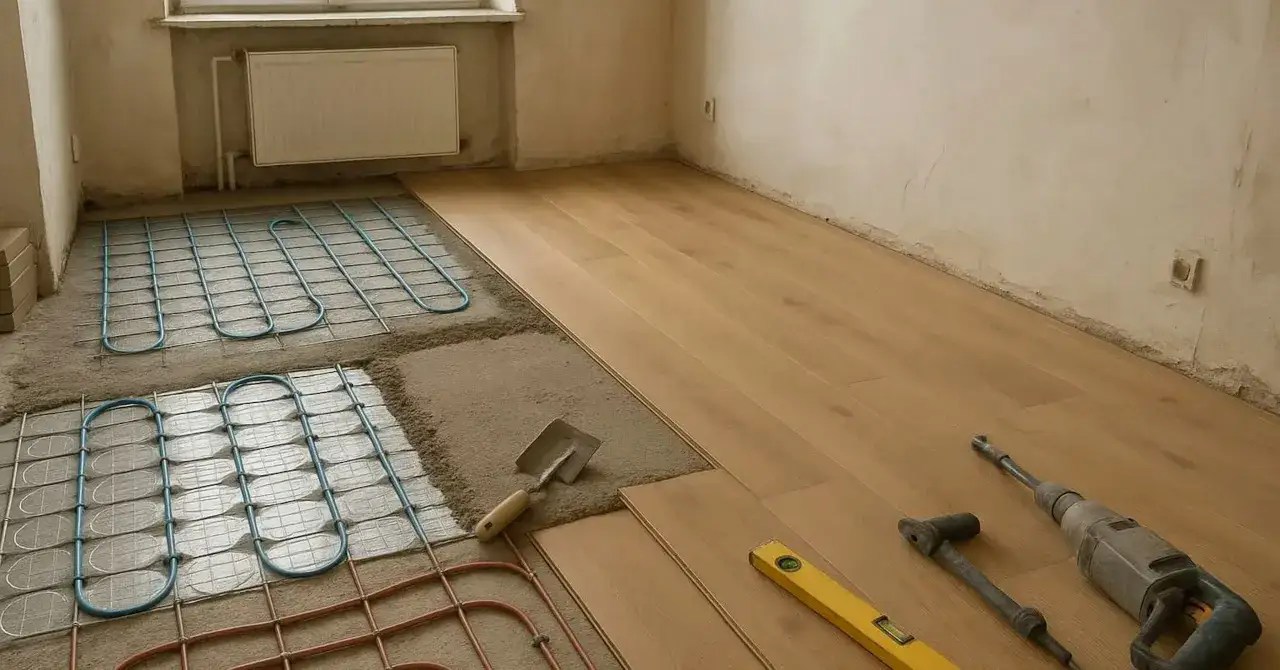 Installation d'un plancher chauffant avec tuyaux bleus et rouges sur treillis, &agrave; c&ocirc;t&eacute; de lames de parquet en pose. Outils de chantier visibles.