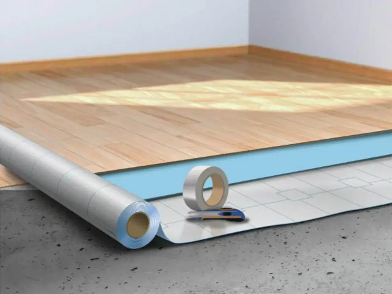 Pr&eacute;paration pour la pose d'un parquet : rouleau d'isolation, ruban adh&eacute;sif et cutter sur une sous-couche bleue pos&eacute;e sur un sol en b&eacute;ton.