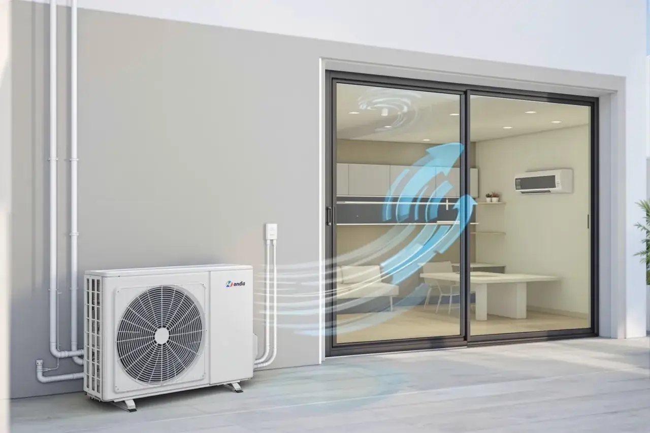 Unit&eacute; ext&eacute;rieure d'un syst&egrave;me de chauffage clim r&eacute;versible, avec des fl&egrave;ches bleues indiquant le flux d'air entrant dans une maison moderne.