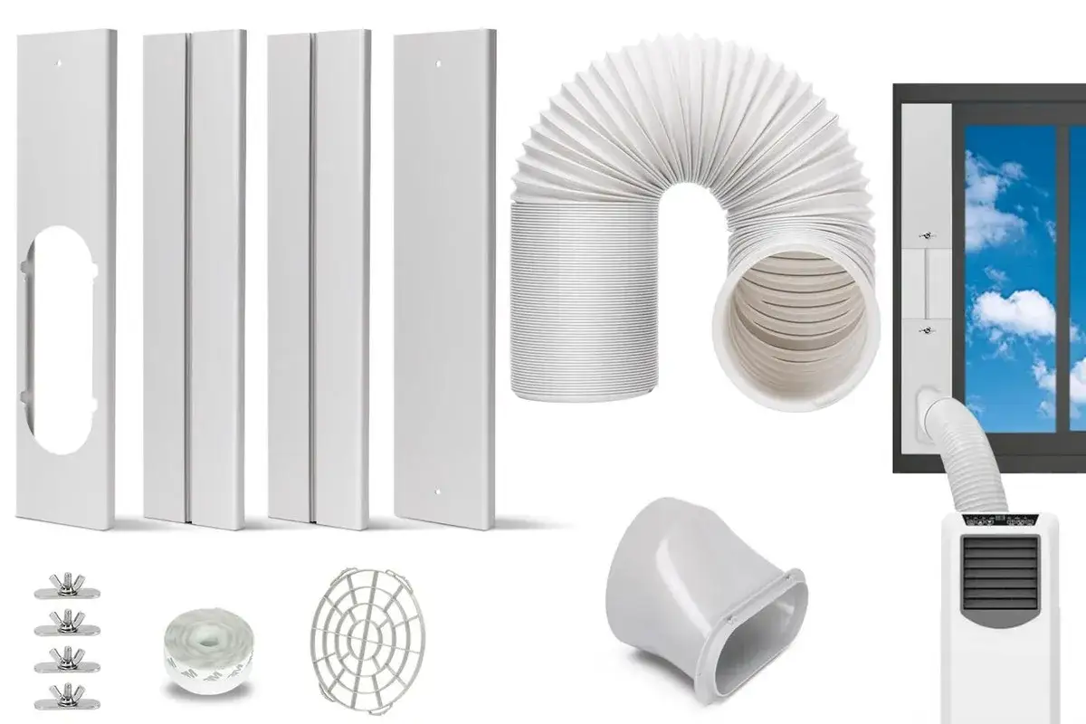 Kit d'installation pour climatiseur pure blizzard : fen&ecirc;tres, tuyau d'&eacute;vacuation, adaptateur et accessoires.