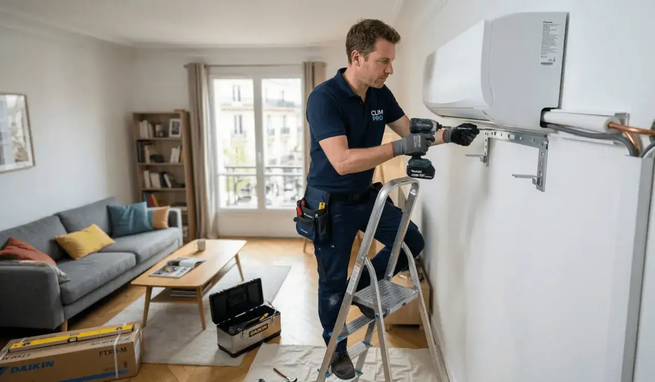 Installation d'un climatiseur pour une pi&egrave;ce de 25m2. Un technicien utilise une perceuse pour fixer le support mural.