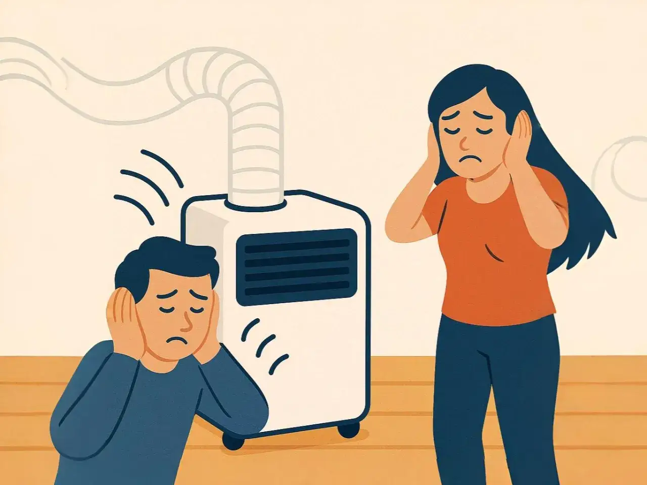 Un homme et une femme se bouchent les oreilles, visiblement g&ecirc;n&eacute;s par le niveau sonore d'un climatiseur mobile.