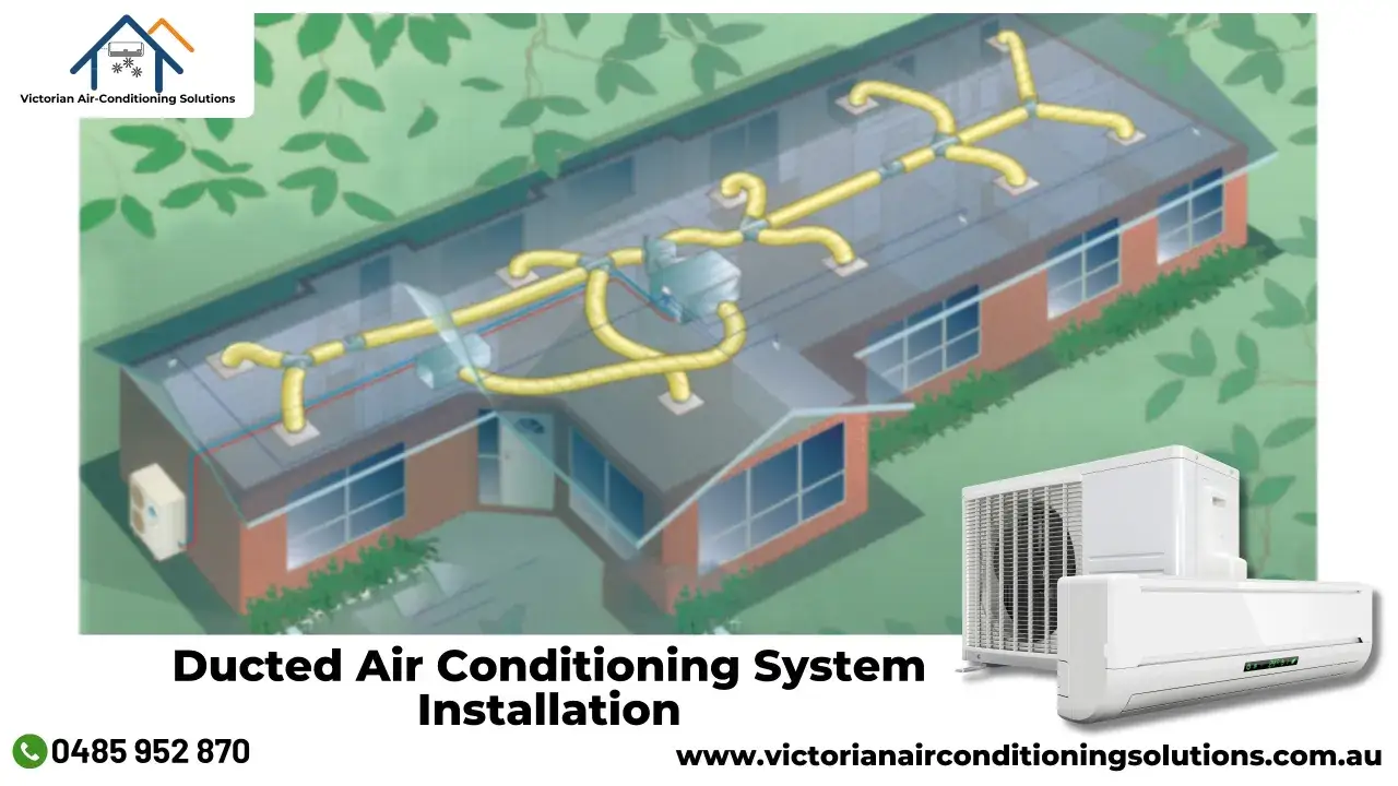 Sch&eacute;ma d'installation d'une clim r&eacute;versible gainable dans une maison, montrant le syst&egrave;me de conduits jaunes sur le toit et les unit&eacute;s ext&eacute;rieures.