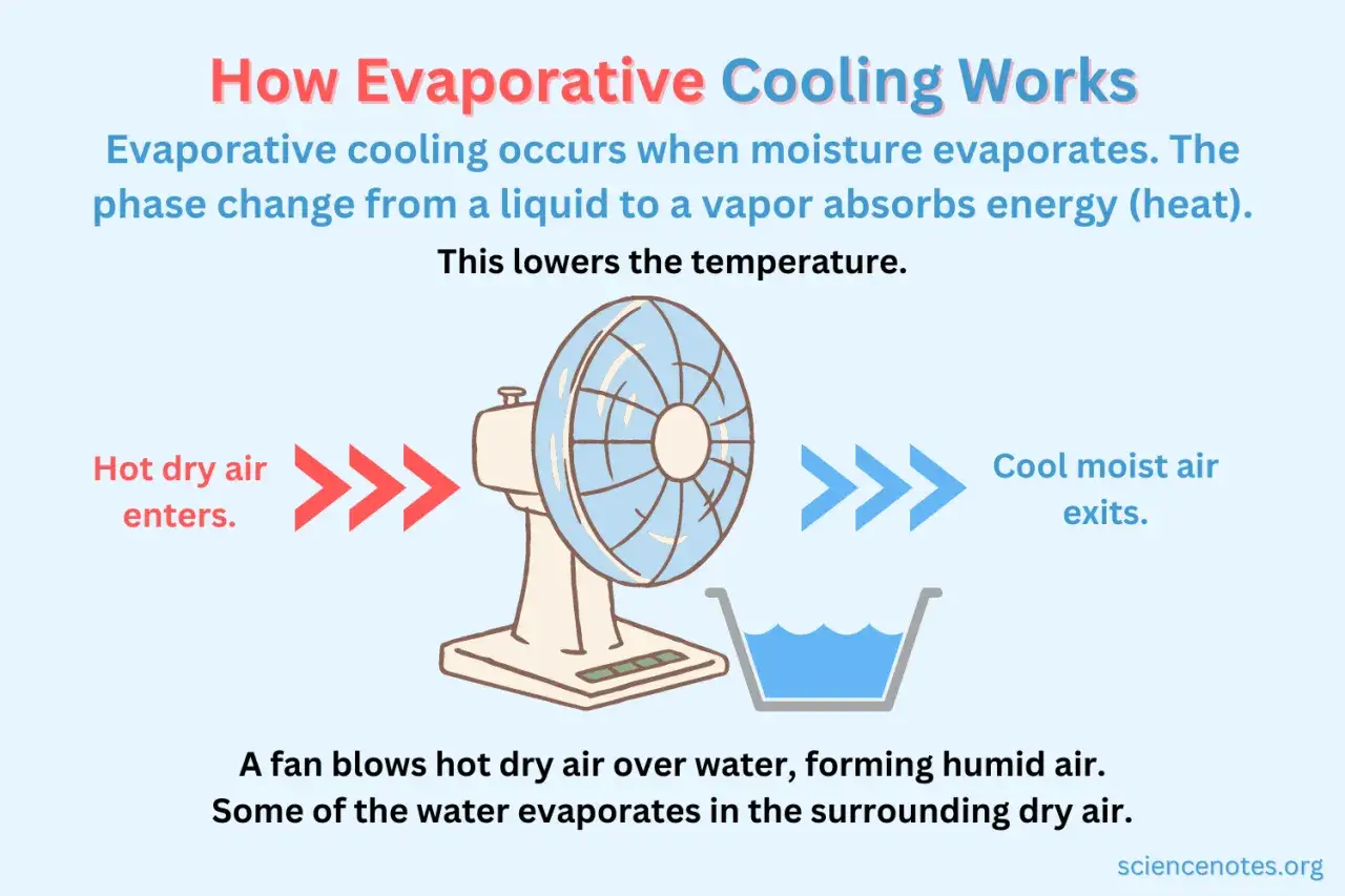 Illustration expliquant comment fonctionne un rafra&icirc;chisseur d'air : un ventilateur souffle de l'air chaud et sec sur de l'eau, cr&eacute;ant de l'air frais et humide.