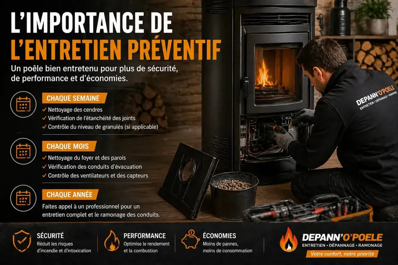 Un technicien effectue l'entretien d'un poêle à granulés. L'image détaille les vérifications hebdomadaires, mensuelles et annuelles pour un fonctionnement optimal et sécurisé.