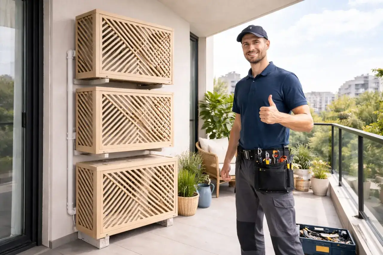 Un technicien souriant fait un pouce lev&eacute; pr&egrave;s de trois caissons en bois pour l'unit&eacute; ext&eacute;rieure de climatisation, install&eacute;s en hauteur sur un balcon.