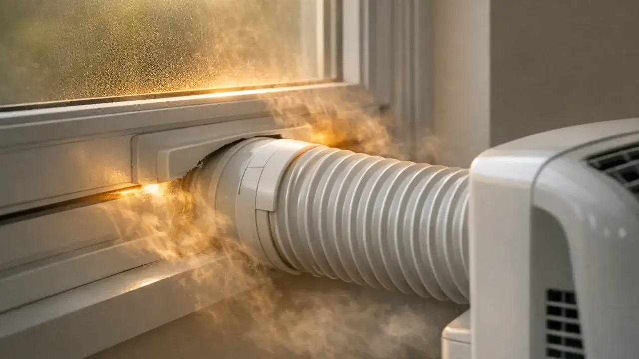 Un tuyau d'&eacute;vacuation de climatiseur portable laisse &eacute;chapper de la vapeur chaude pr&egrave;s d'une fen&ecirc;tre, sugg&eacute;rant un fonctionnement intense.