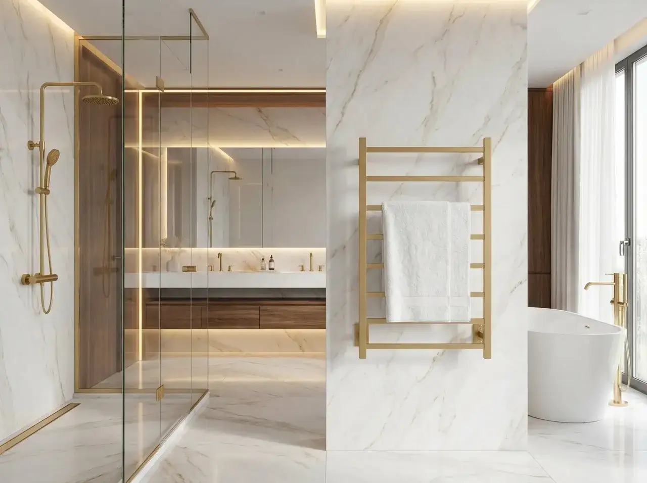 Salle de bain luxueuse avec douche dorée, baignoire et sèche-serviettes. La puissance du sèche-serviette assure des serviettes chaudes et moelleuses.