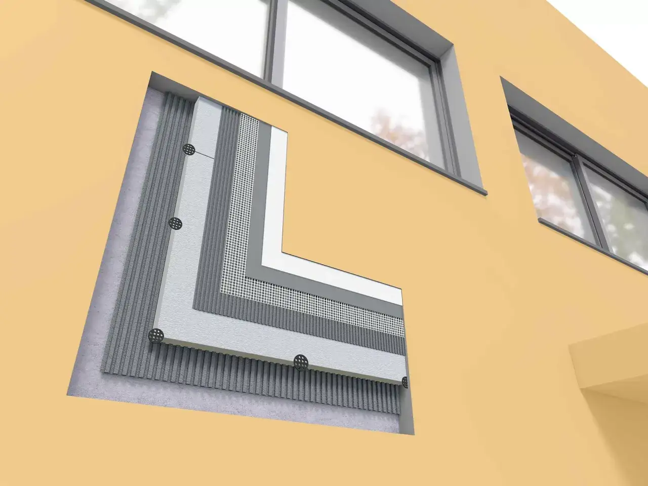 Coupe d'un mur montrant les couches de l'isolation extérieure d'une maison : crépi, treillis, isolant, et structure porteuse.