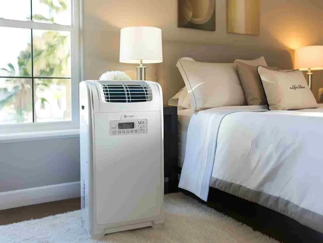 Un climatiseur sans évacuation blanc, discret, dans une chambre à coucher lumineuse. Il promet un confort frais sans installation complexe.