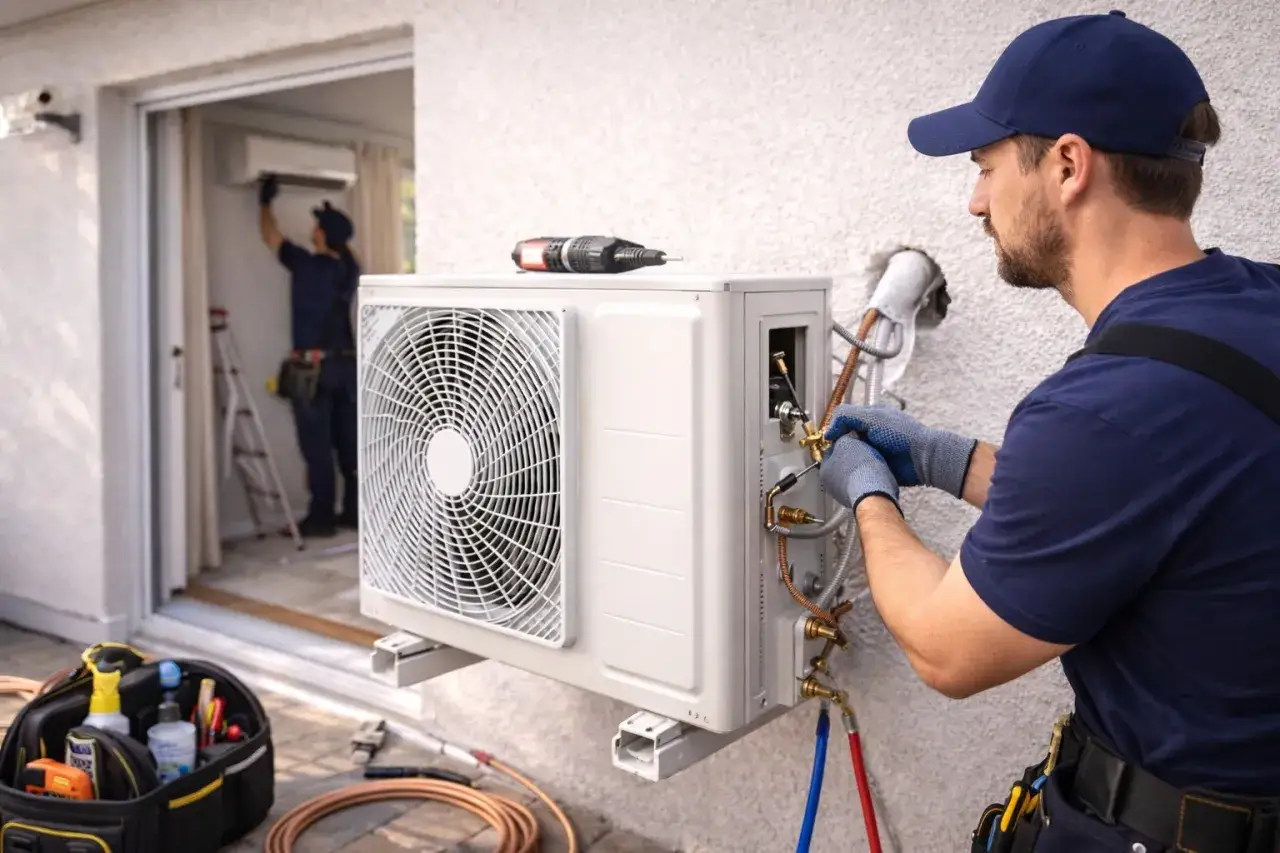 Technicien effectuant la mise en service d'une clim ext&eacute;rieure. Un coll&egrave;gue installe l'unit&eacute; int&eacute;rieure. Outils &agrave; proximit&eacute;.