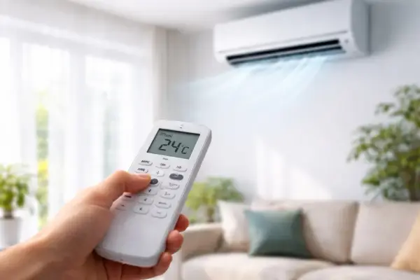 Main tenant utilise la télécommande pour régler le climatiseur en mode cool, profitant d'une température de 24°C dans son salon.