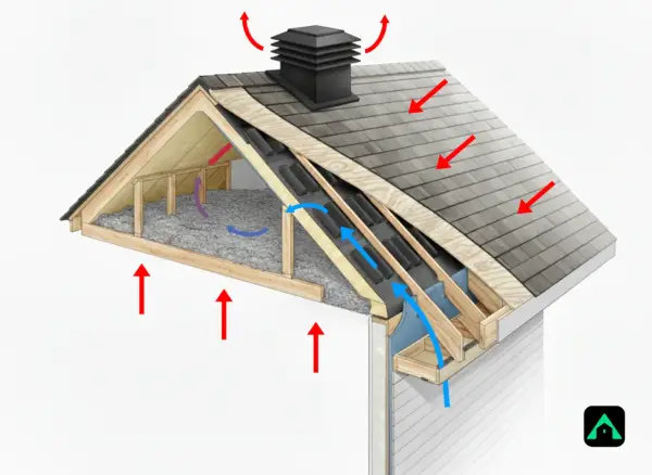 Schéma d'une toiture froide montrant la ventilation et l'isolation. Les flèches indiquent le flux d'air et la chaleur.