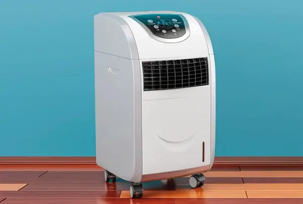 Climatiseur mobile appartement blanc, sur roulettes, avec écran de contrôle bleu. Idéal pour rafraîchir votre espace.