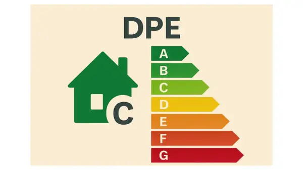 Étiquette DPE d'une maison, classée C. Le classement énergétique va de A (vert) à G (rouge).