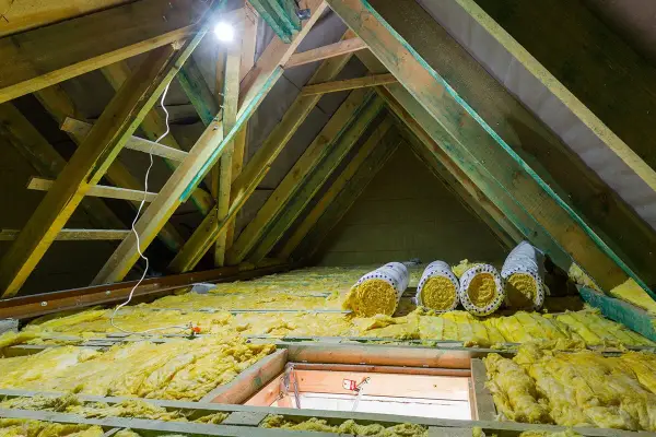 Travaux en cours pour isoler les combles. Rouleaux d'isolant jaune posés sur la structure en bois, sous un éclairage vif.