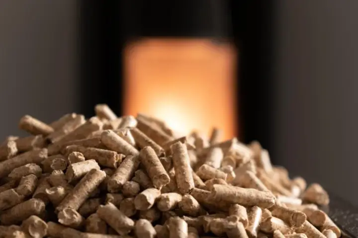 Granulés de bois en gros plan devant un poêle allumé, prêts pour l'entretien du poêle à granule.