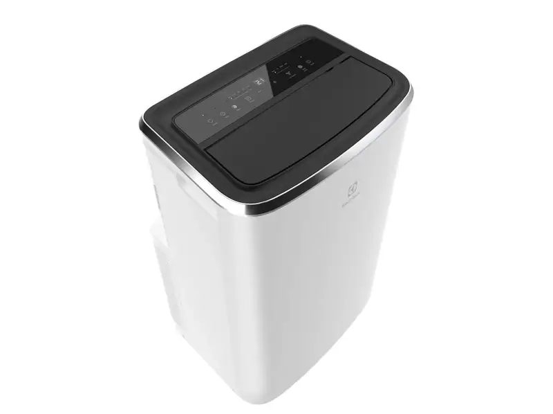 Clim mobile Electrolux blanc avec écran tactile affichant 21 degrés. Parfait pour une fraîcheur estivale.