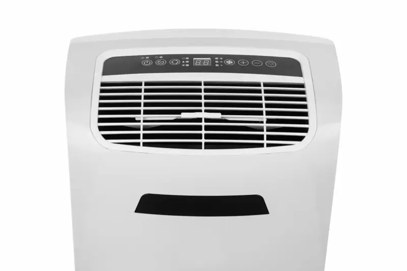 Climatiseur mobile 20000 BTU blanc avec panneau de contrôle numérique et grille d'aération.