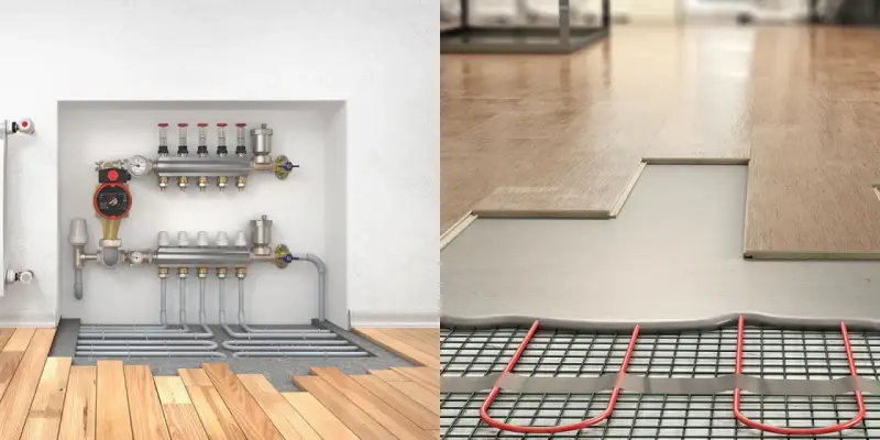 Système de chauffage par le sol : le réglage température plancher chauffant est assuré par un collecteur et des tuyaux intégrés sous le parquet.